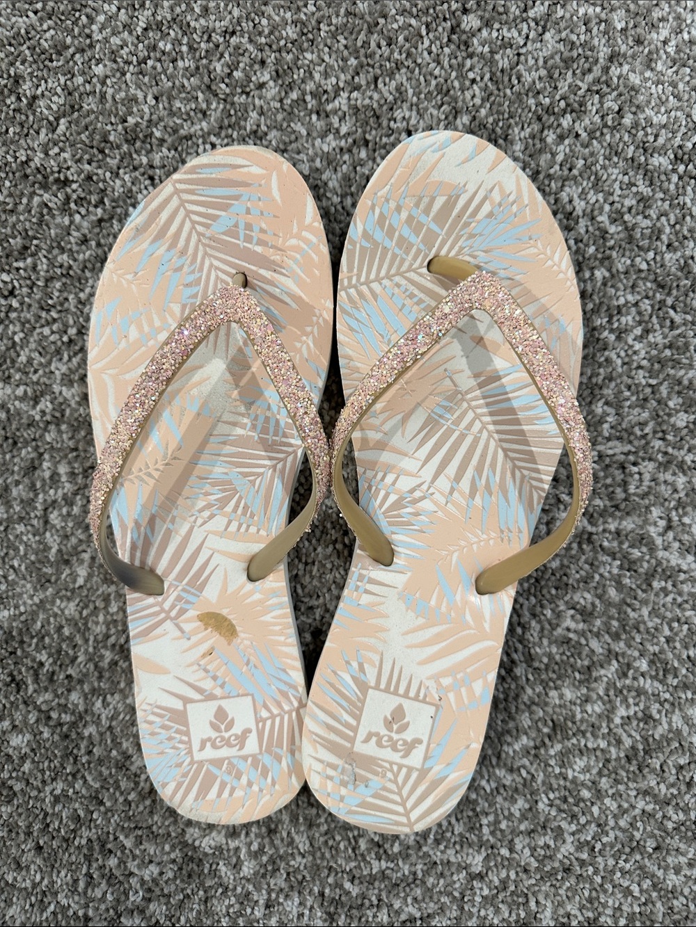 Reef Glitter Strap Flip Flops in Tan Blush and Light Blue